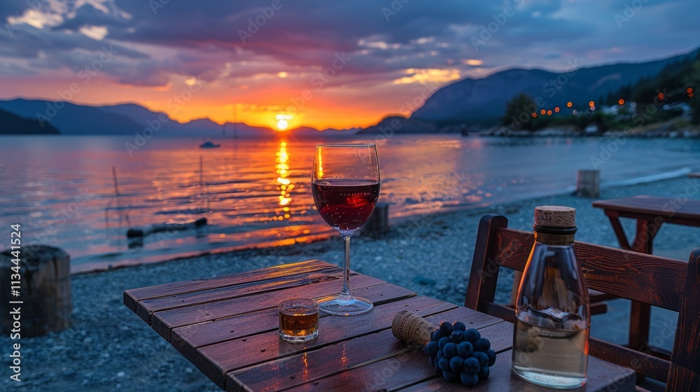 Fototapeta premium Wine and sunset view.