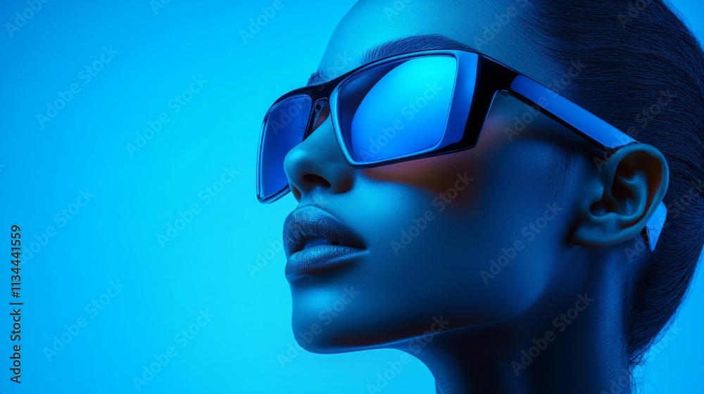 Stylish woman in futuristic sunglasses posing under glowing neon light Stylish woman in futuristic sunglasses posing under glowing neon light
