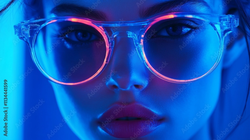 Stylish woman in round glasses under vibrant blue neon light Stylish woman in round glasses under vibrant blue neon light