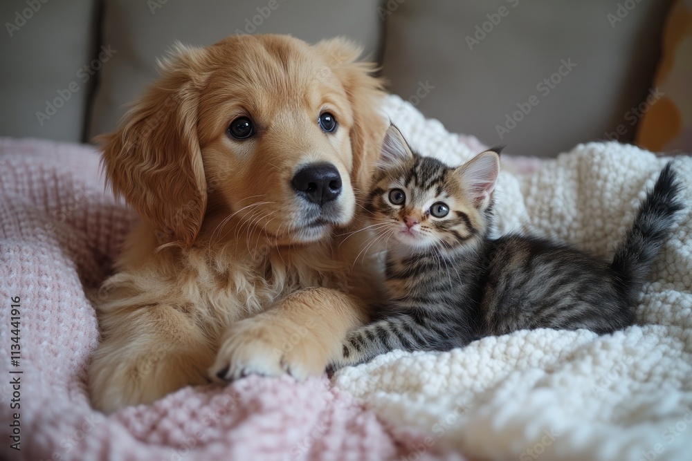 Obraz premium Golden retriever puppy cuddles with a playful kitten