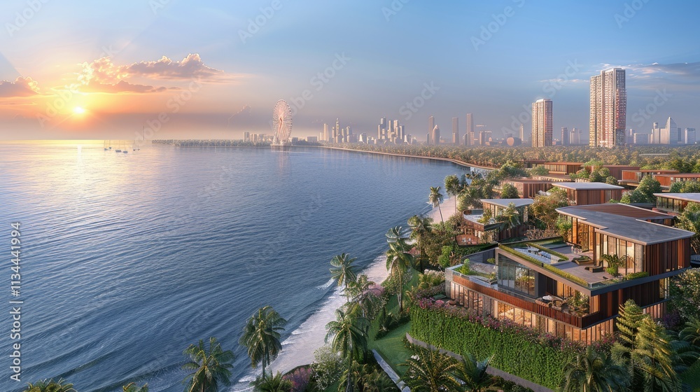 Fototapeta premium A scenic waterfront view showcasing modern architecture and lush greenery at sunrise.