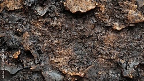 Dark Rock Shows Rough Texture with Metallic Sheen, Creating Natural Stone Pattern.