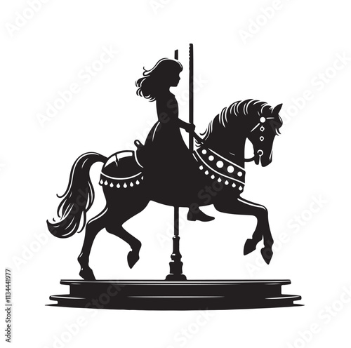 children riding horse on a carousel silhouette vector illustration