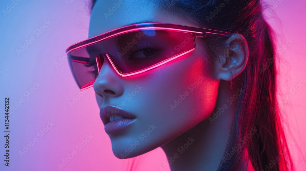 Portrait of a woman in glowing red and pink neon lighting Portrait of a woman in glowing red and pink neon lighting
