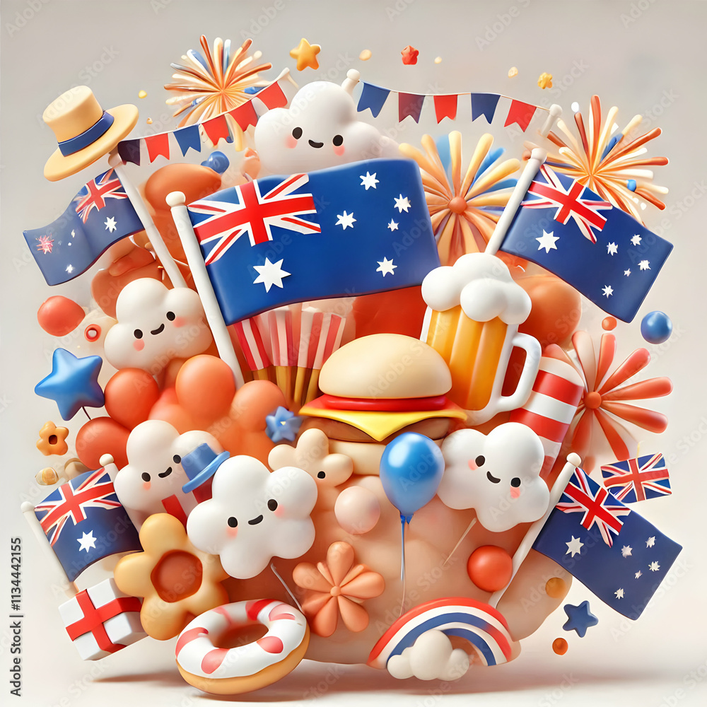 Obraz premium 3D Soft Abstract Australia Day Celebration concept as Soft abstract digital art featuring Australian flags fireworks and festive elements symbolizing celebration and unity with ample copy space. as 3D