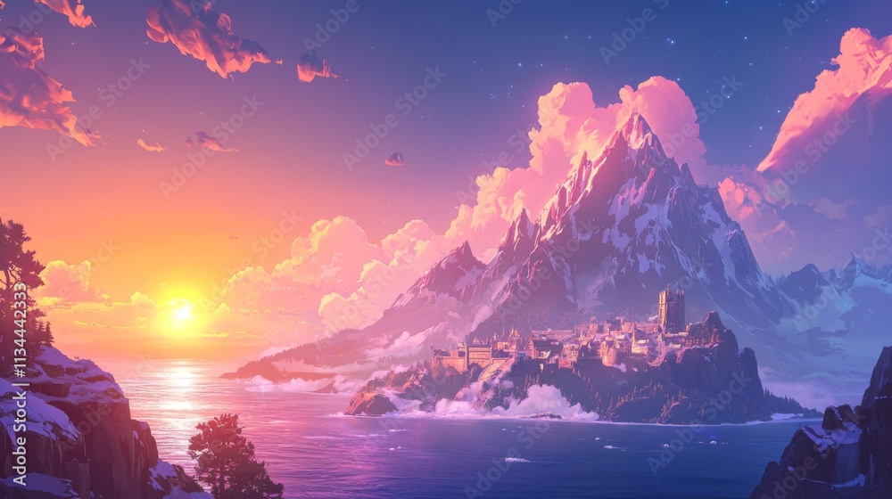Fototapeta premium Fantasy landscape with glowing pink and orange skies