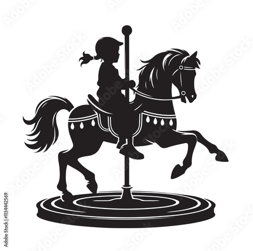 children riding horse on a carousel silhouette vector illustration