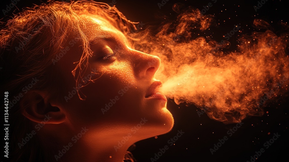 Profile of a woman exhaling vapor in dramatic lighting Profile of a woman exhaling vapor in dramatic lighting