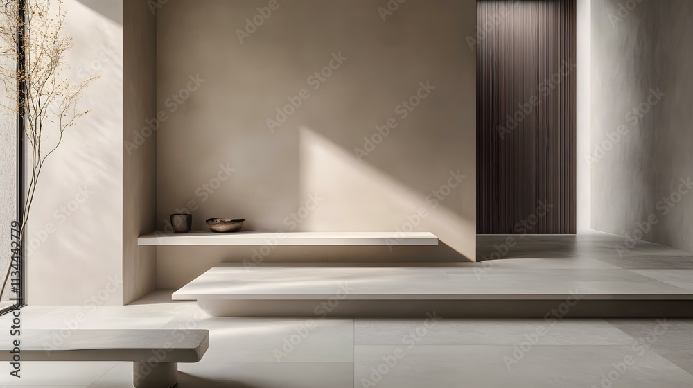 Fototapeta premium Minimalist Interior Design with White Bench and Shelf
