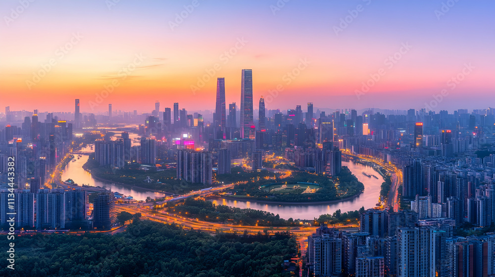 Fototapeta premium Panoramic sunset cityscape view with river.