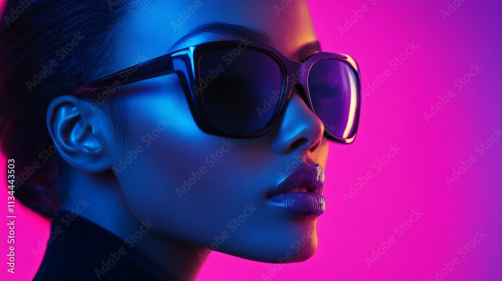Stylish woman in vibrant neon lighting and futuristic sunglasses Stylish woman in vibrant neon lighting and futuristic sunglasses