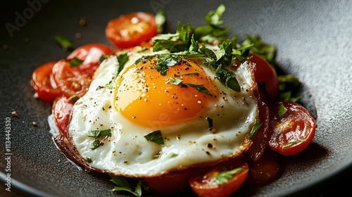 A perfectly fried egg with a bright yolk rests on a bed of ripe cherry tomatoes, garnished with freshly chopped herbs, creating a colorful and appetizing dish. photo