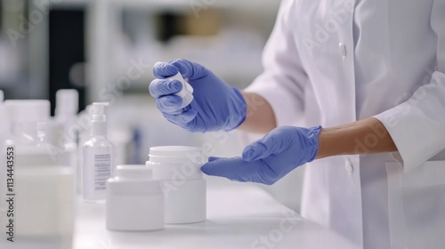 Scientist in lab coat examines cosmetic product containers