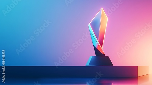 Abstract Glass Trophy Award on a Stage with Neon Lighting