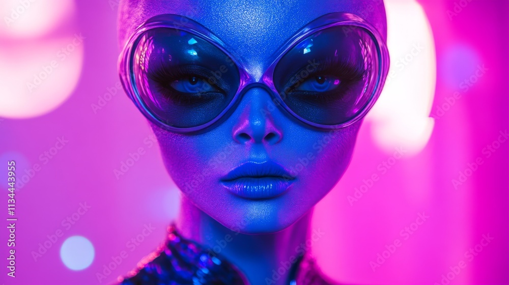 Surreal portrait of a woman with glowing pink skin and futuristic glasses Surreal portrait of a woman with glowing pink skin and futuristic glasses