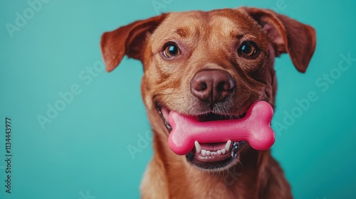 A joyful brown dog has a pink toy bone clutched in its mouth, with bright eyes and a big smile showing its delightful and energetic nature, set against a blue backdrop. photo