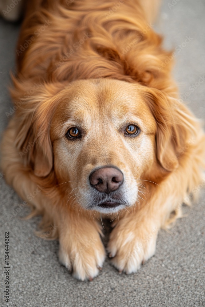 Close-up portrait of a golden retriever lying on a concrete surface Close-up portrait of a golden retriever lying on a concrete surface