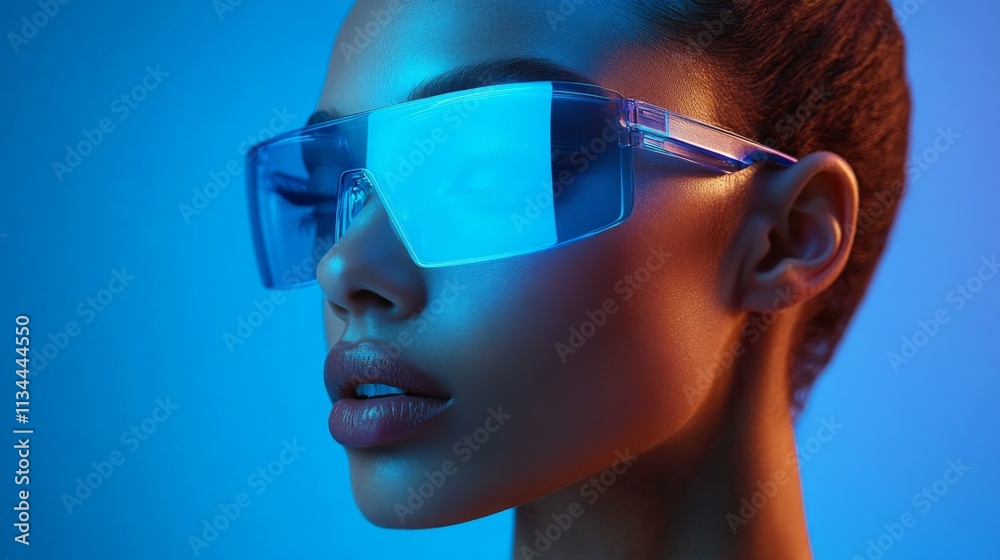Close-up portrait of a stylish woman wearing futuristic blue sunglasses Close-up portrait of a stylish woman wearing futuristic blue sunglasses