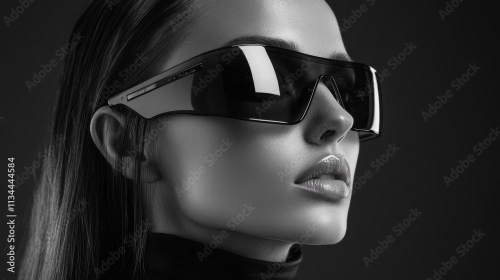 Black and white portrait of a woman wearing futuristic sunglasses Black and white portrait of a woman wearing futuristic sunglasses