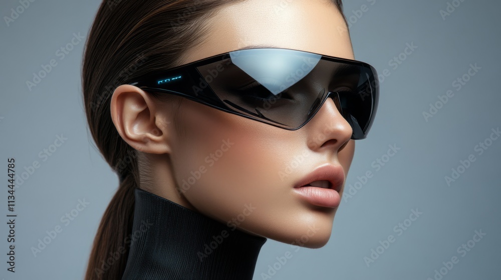 Black and white portrait of a woman in sleek modern sunglasses Black and white portrait of a woman in sleek modern sunglasses
