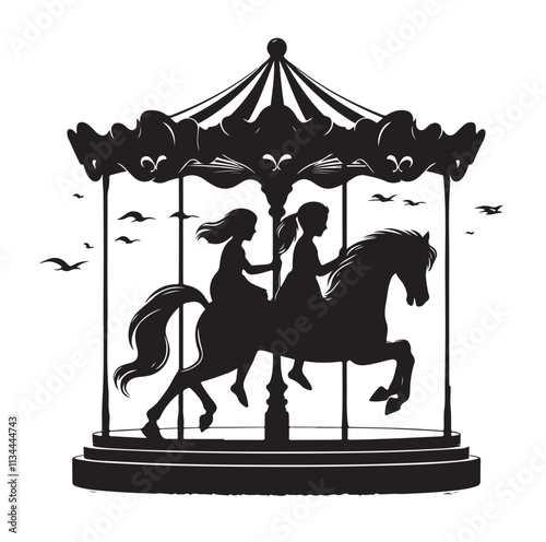 children riding horse on a carousel silhouette vector illustration