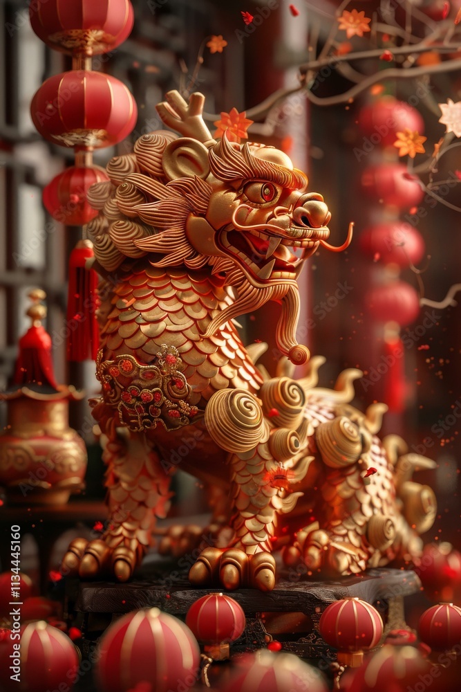 Fototapeta premium A golden lion statue with red lanterns and falling leaves.