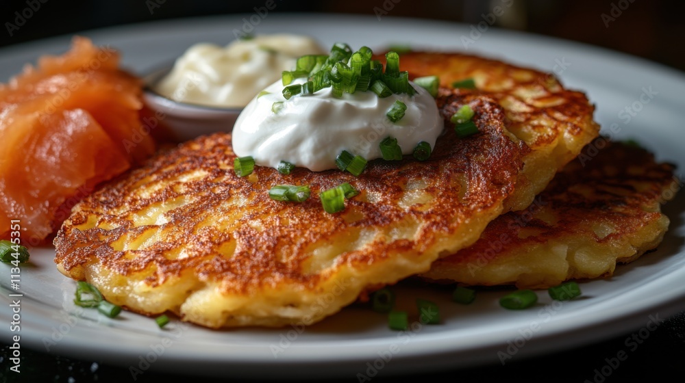 Potato pancakes with a scoop of sour cream and a pinch of green onions, served on a white plate with applesauce and salmon. Potato pancakes with a scoop of sour cream and a pinch of green onions, served on a white plate with applesauce and salmon.