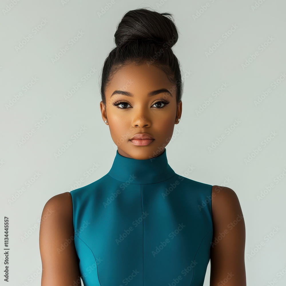 Elegant portrait of a confident woman in stylish teal attire Elegant portrait of a confident woman in stylish teal attire