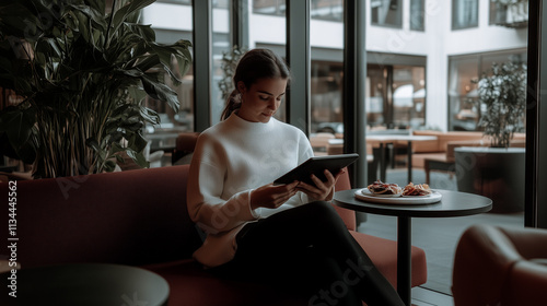 A female business traveler seated comfortably in a stylish hotel bar, casually dressed but professional, with a plate of food on the table beside them. The traveler appears relaxed, perhaps reading or