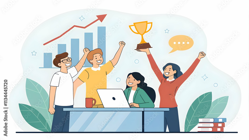 Startup Team Celebrating First Milestone with Glossy Background Symbolizing Empowerment and Growth Startup Team Celebrating First Milestone with Glossy Background Symbolizing Empowerment and Growth