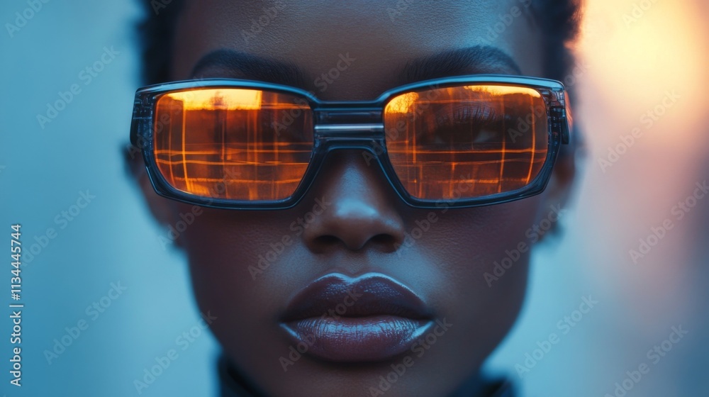 Stylish woman in oversized sunglasses with glowing orange reflections Stylish woman in oversized sunglasses with glowing orange reflections