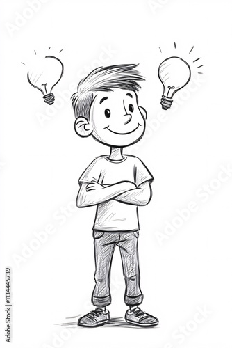 Black and White Sketches of a Teenage Boy with Thought Bubbles and Expressive Poses, Showcasing Curiosity, Imagination, and Youthful Creativity photo