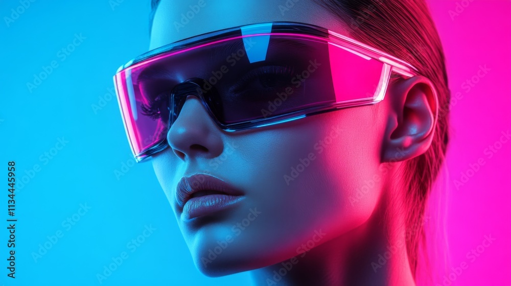 Stylish woman in transparent pink glasses with glowing neon lighting Stylish woman in transparent pink glasses with glowing neon lighting