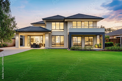 Modern suburban house with spacious garden at sunset