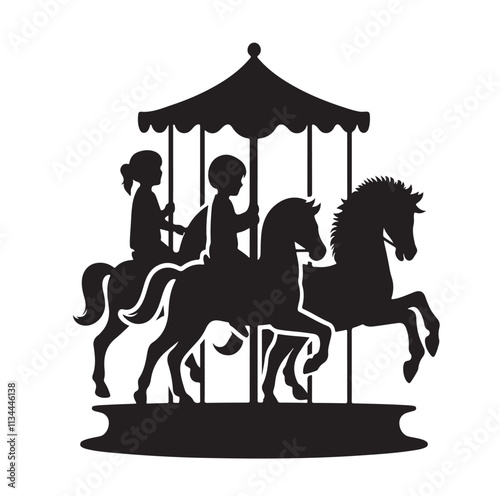 children riding horse on a carousel silhouette vector illustration