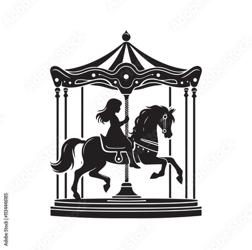 children riding horse on a carousel silhouette vector illustration