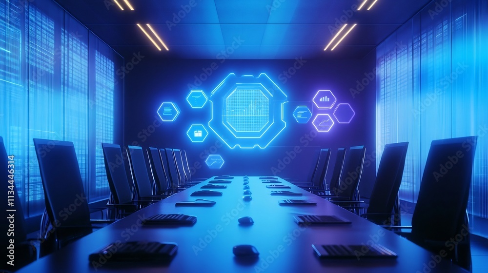 Futuristic Digital Meeting Room with Hexagon Icon Display for Business Information and Professional