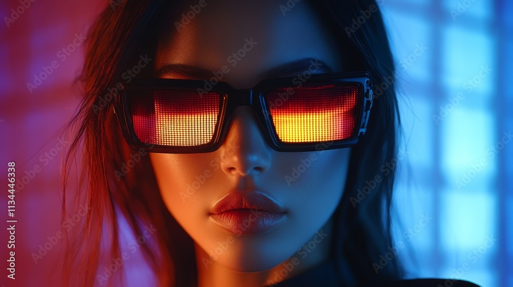 Close-up of a woman in neon lighting wearing red reflective sunglasses Close-up of a woman in neon lighting wearing red reflective sunglasses