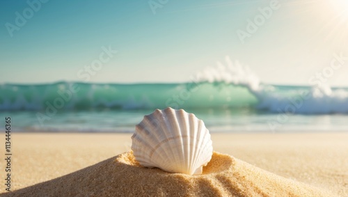 Seashell resting on the shore as gentle waves roll in