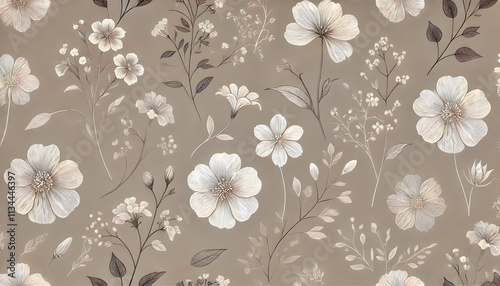 エレガントな白い線描花柄模様の横長デザイン、タウプ背景
