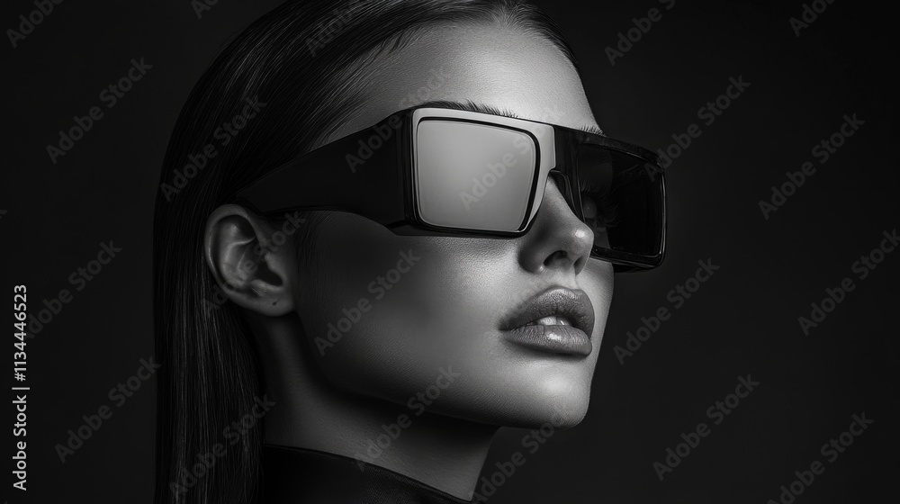 Black and white portrait of a woman wearing sunglasses Black and white portrait of a woman wearing sunglasses