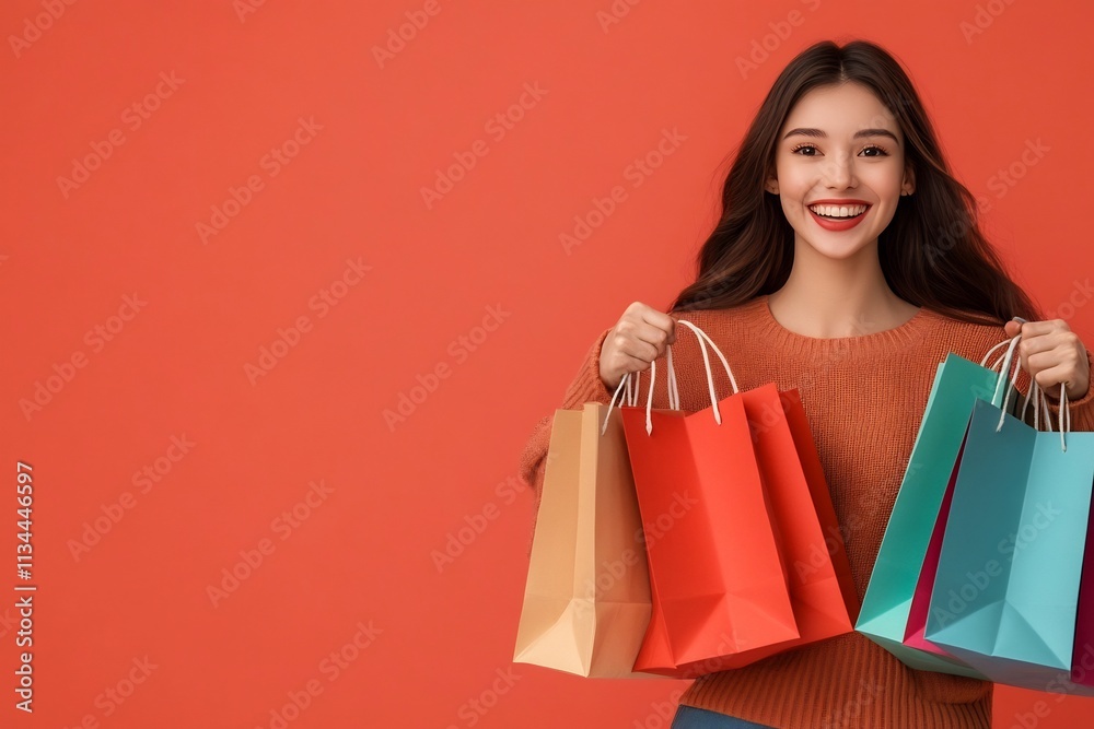 Excited Young Woman Holding Shopping Bags Against Coral Background Excited Young Woman Holding Shopping Bags Against Coral Background