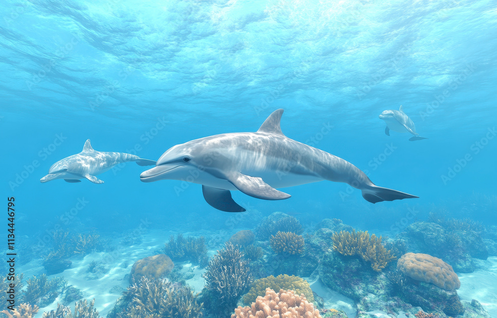 Fototapeta premium Dolphins gracefully swimming through vibrant ocean reefs in clear blue waters