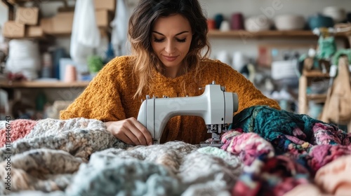 A woman deeply focused on sewing with various colorful knitted fabrics around her, set in a cozy workshop filled with crafting tools and decorations. photo