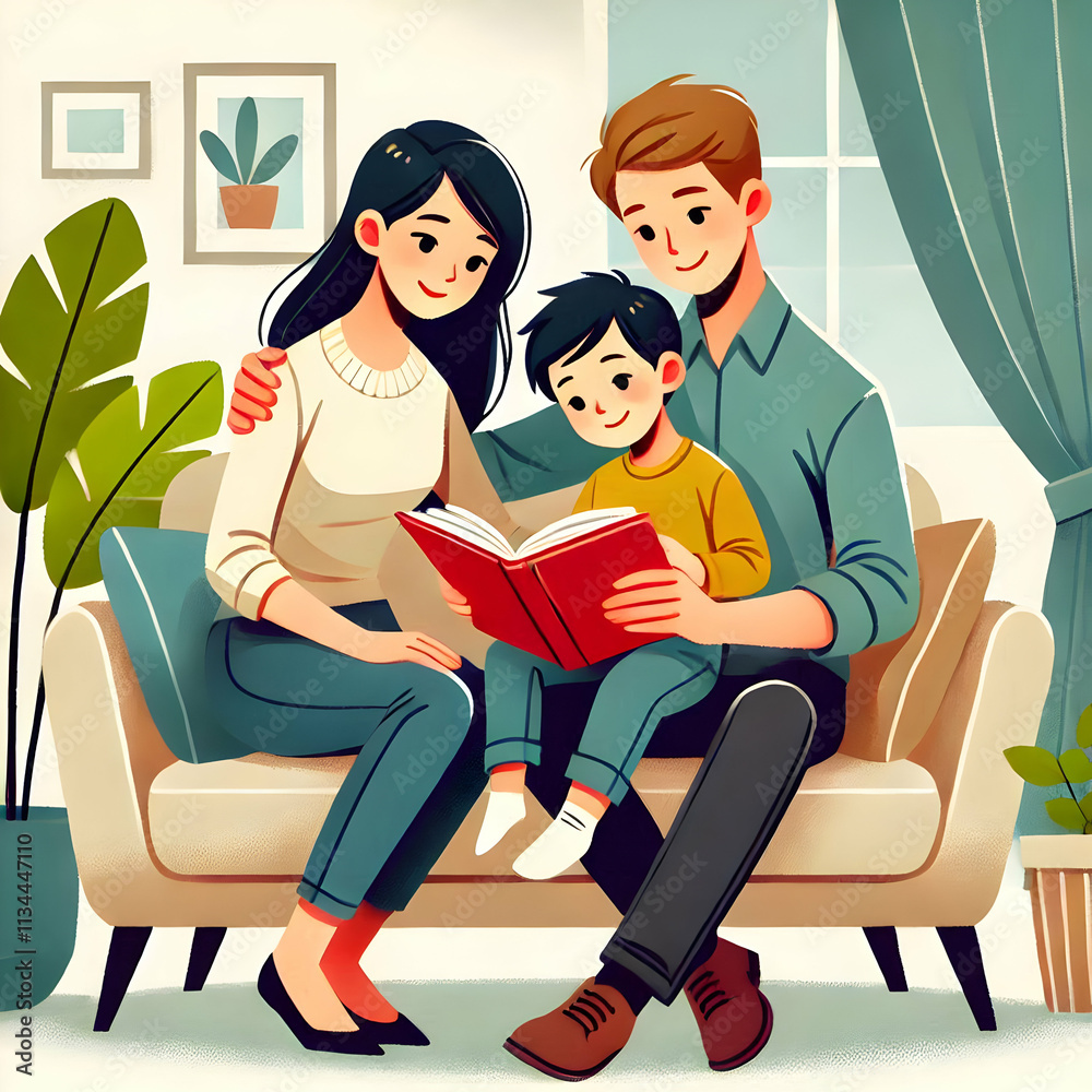 Candid Family Reading Together in Living Room - Heartwarming Scene with Copy Space for Text Candid Family Reading Together in Living Room - Heartwarming Scene with Copy Space for Text