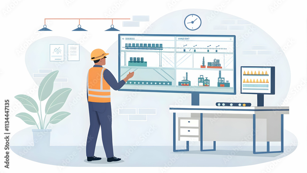 Fototapeta premium Engineer Monitoring Virtual Production Line on Large Screen - Digital Technology Integration in Modern Manufacturing