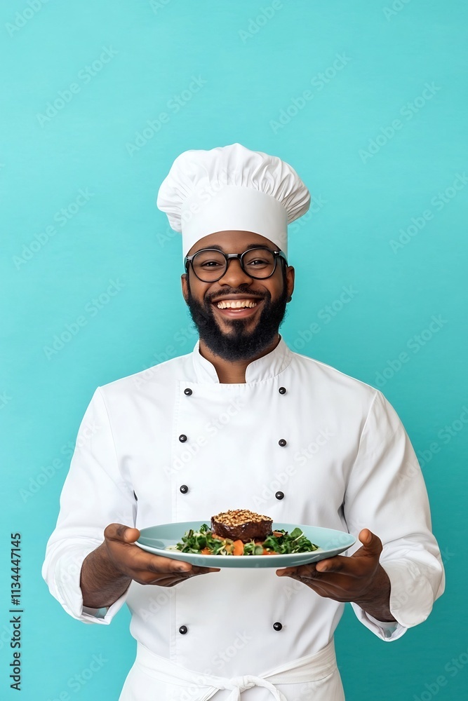 Proud Chef Holding Culinary Dish Framed Against Solid Blue Background Proud Chef Holding Culinary Dish Framed Against Solid Blue Background