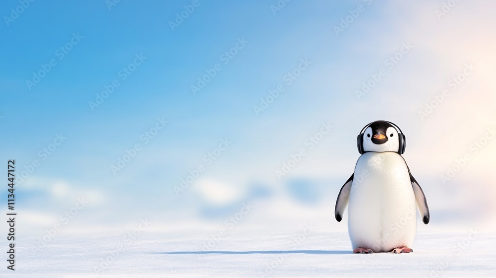 Obraz premium A cute penguin stands on a snowy landscape under a clear blue sky, embodying the charm of Arctic wildlife.