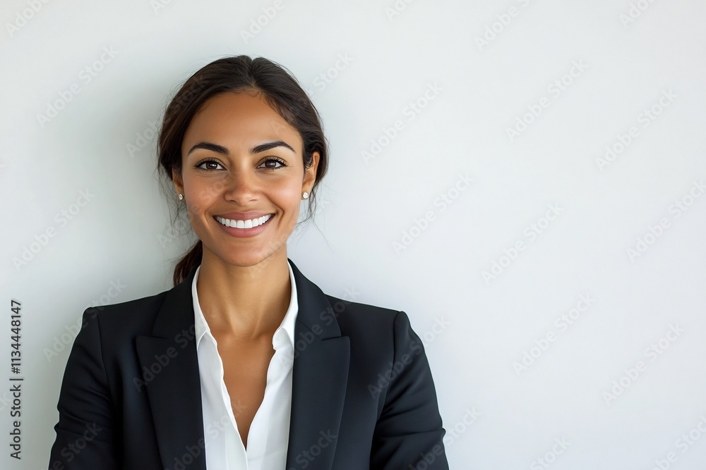 Confident Professional Woman in Business Attire Smiling Warmly Against White Background Confident Professional Woman in Business Attire Smiling Warmly Against White Background