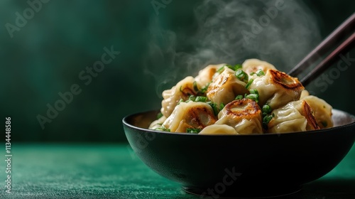 A visually striking image of golden-brown dumplings served in a black bowl with chopsticks, evoking culinary artistry and a sense of satisfaction in dining. photo